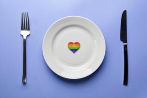 coração dentro lgbt bandeira cores dentro placa. romântico gay namoro dentro cafeteria ou restaurante. esperando para especial lgbt convidado para Casamento banquete. foto