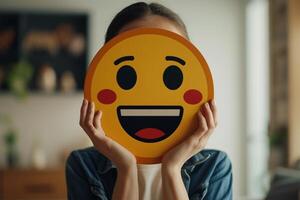 ai gerado realista pessoa se escondendo dela face com grande emoji foto