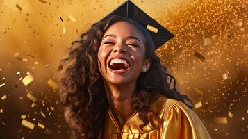 ai gerado feliz Preto menina vestindo graduação boné e vestido, sorridente jovem menina feixes com felicidade foto