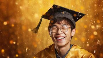 ai gerado feliz ásia jovem cara vestindo graduação boné e vestido, sorridente cara feixes com felicidade foto