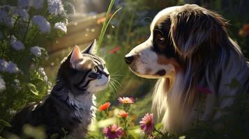 ai gerado cativante gato e fofa cachorro dentro verde jardim entre Grosso Relva e flores, aquecendo dentro calor foto