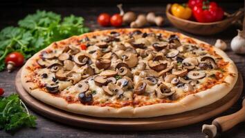 ai gerado frango quente pizza com cogumelos com vegetal foto