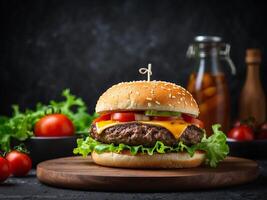 ai gerado saboroso Hamburguer de queijo com carne tomates e verde salada em Sombrio fundo foto