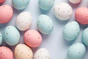 ai gerado pintado ovos com polca pontos em uma azul fundo, pastel cores, Páscoa fundo, topo visualizar. foto
