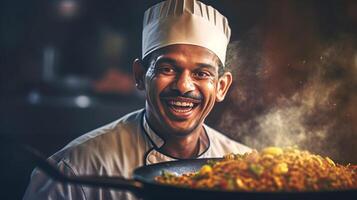 ai gerado sorridente indiano chefe de cozinha cozinhando saboroso picante prato exibindo aromático fascinar do indiano cozinha foto