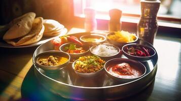 ai gerado deslumbrante delicioso indiano thali prato sinfonia do especiarias e sabores, thali graças cafeteria mesa foto