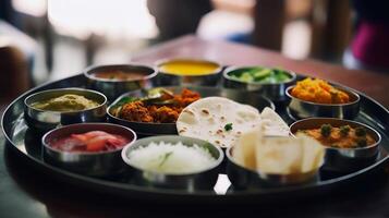ai gerado deslumbrante delicioso indiano thali prato sinfonia do especiarias e sabores, thali graças cafeteria mesa foto