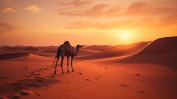 ai gerado solitário camelo carrinhos do abrasador calor arenoso deserto relógios às configuração sol, camelo simboliza luta foto