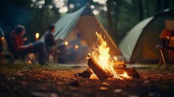 ai gerado caloroso acolhedor fogueira chamas dança dentro crepúsculo com barraca acampamento fundo convidativo atmosfera para acampamento foto