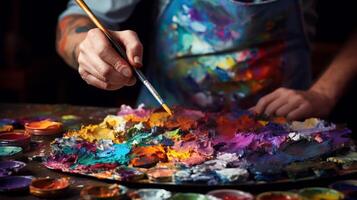 ai gerado pintor mão mergulhos pincel dentro vibrante pintura para desenhando em tela, por aí colorida containers foto