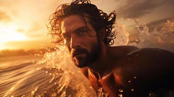 ai gerado fechar acima do atraente homem natação dentro mar às dourado caloroso brilho do pôr do sol cercado de mar spray foto