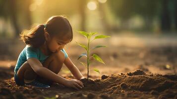 ai gerado pequeno menina cuidadosamente plantas árvore rebento dentro terra do luz solar jardim criando comovente cena foto