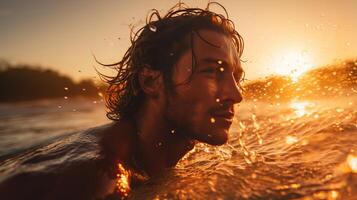 ai gerado fechar acima do atraente homem natação dentro mar às dourado caloroso brilho do pôr do sol cercado de mar spray foto