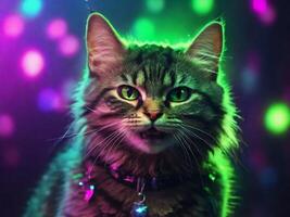 ai gerado maine coon gato com verde olhos fechar acima retrato dentro néon luz foto