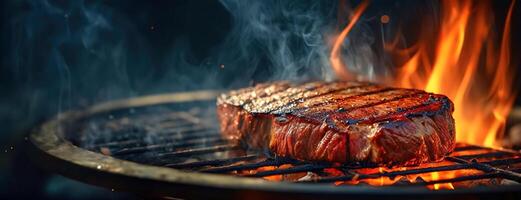 ai gerado chiando em a grade, a bife sucos caramelizar dentro a aquecer, uma testamento para a arte do culinária. grelhado carne preenche a ar, Como chamas dança por aí a arestas, suntuoso cortar do carne bovina. foto