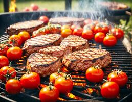 ai gerado grelhado carne e tomate em uma churrasco grade foto