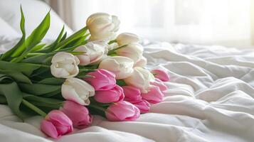 ai gerado fresco tulipas em uma suave branco cama foto