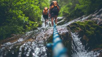 ai gerado montanha corrente aventura guiado caminhada Tour foto