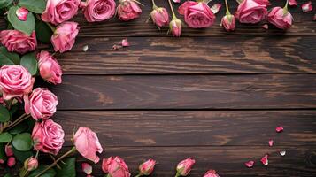 ai gerado Rosa rosas arranjado em Sombrio de madeira fundo foto
