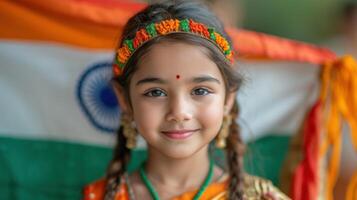 ai gerado fofa pequeno menina com indiano nacional tricolor bandeira, Índia independência dia ou república dia conceito. foto