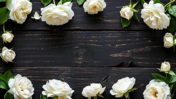 ai gerado branco rosas em angustiado de madeira fundo foto