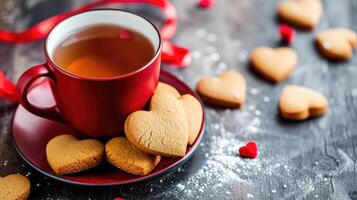 ai gerado romântico chá Tempo coração biscoitos e vermelho copo foto