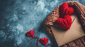 ai gerado inverno abraço vermelho tricotado corações e acolhedor cachecol foto