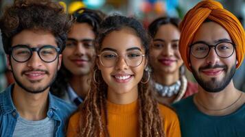 ai gerado retrato do sorridente indiano adolescente grupo do jovem pessoas em pé junto. foto