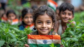 ai gerado crianças segurando indiano bandeira dentro a jardim. Índia, Kerala. foto