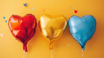 ai gerado colorida coração balões em vibrante amarelo fundo foto