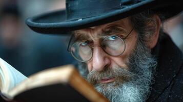 ai gerado ortodoxo judaico homem dentro Preto chapéu e óculos lê a piedosos Bíblia. foto