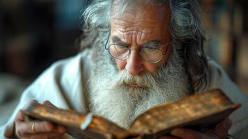 ai gerado fechar-se retrato do a velho judeu homem lendo a piedosos Bíblia. foto
