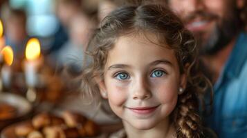 ai gerado retrato do uma pequeno judaico menina com dela judeu pai dentro a fundo feriado mesa. foto