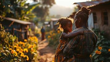 ai gerado retrato do africano homem e dele filha dentro Vila. foto