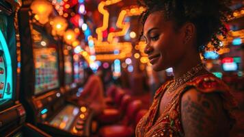 ai gerado lindo africano americano mulher jogando ranhura máquina dentro casino. foto