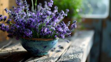 ai gerado rústico de madeira mesa com Antiguidade cerâmico vaso do lavanda, Eterno charme e sereno beleza foto