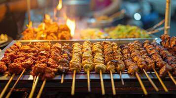 ai gerado Ramadã rua Comida - uma gastronômico extravagância dentro a noite mercado foto