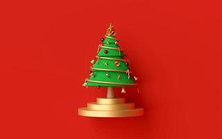 feliz natal e feliz ano novo, árvore de natal em fundo vermelho, renderização em 3D foto