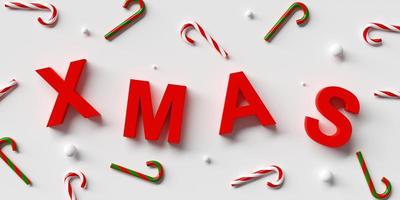 feliz natal e feliz ano novo, letras vermelhas natal com decoração de natal em fundo branco, renderização em 3d foto
