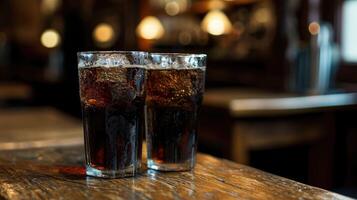 ai gerado borrado detalhes - dois óculos do Cola em uma de madeira mesa, capturando a essência do refresco foto