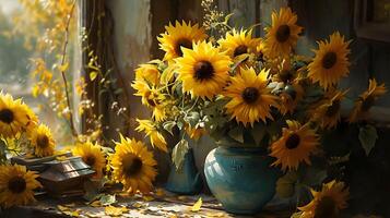 ai gerado radiante girassóis dentro uma vaso - aquecendo dentro luz solar, da natureza dourado beleza iluminado foto