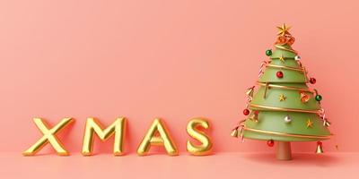 fundo de banner de natal, árvore de natal com balão dourado de natal em um fundo rosa, feliz natal e feliz ano novo, renderização em 3D foto