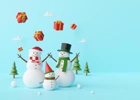 feliz natal, boneco de neve desfrutando com presentes de natal em um fundo azul, renderização em 3D foto