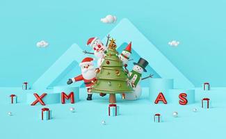 feliz natal e feliz ano novo, papai noel e boneco de neve na árvore de natal com pódio em um fundo azul, renderização em 3D foto