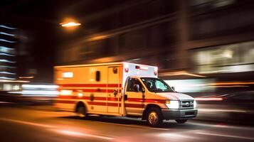 ai gerado emergência ambulância carro comovente velozes em noite americano cidade centro da cidade distrito com movimento borrão, neural rede gerado arte foto