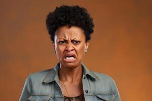 ai gerado maduro africano americano mulher com com nojo emoção, cabeça e ombros retrato em laranja fundo. neural rede gerado fotorrealista imagem. foto