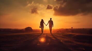 ai gerado uma heterossexual humano casal silhuetas segurando mãos e caminhando para alvorecer às verão campo, neural rede gerado fotorrealista imagem foto