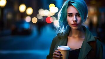 ai gerado jovem lindo de cabelo azul femine mulher às noite cidade rua segurando cartão copo do café, neural rede gerado cenário foto