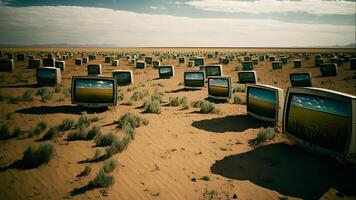 ai gerado deserto coberto com velho analógico televisão conjuntos às verão luz do dia, neural rede gerado arte foto