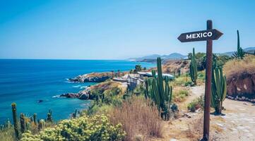 ai gerado placa apontando para a direção do México com cênico de praia e oceano dentro a fundo foto